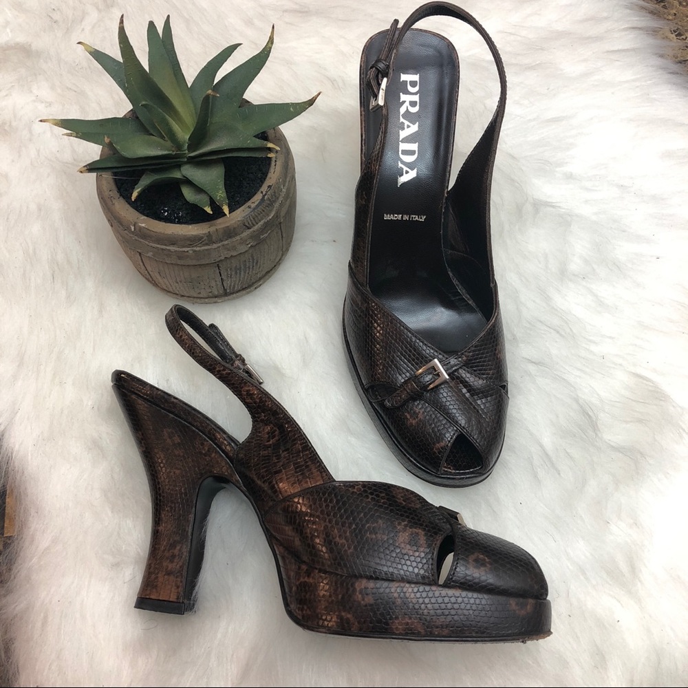 PRADA Snakeskin Slingback Platform Heels Brown